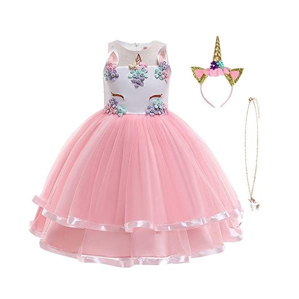 URAQT Robe Licorne Enfant de Princesse, Robes Licorne Fille avec Volants, pour Cosplay et Le Mariage et Les Parties et Hallow