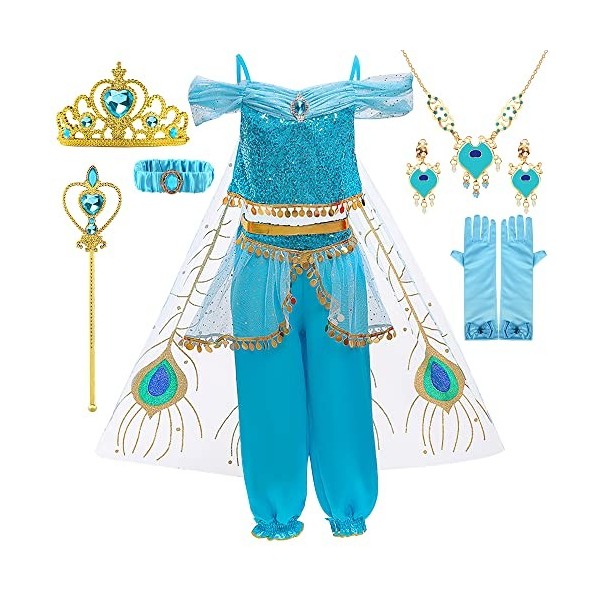 YYDSXK Robe Princesse Fille, Deguisement Jasmine avec Couronne Princesse Collier Ensemble, Jasmine Costume Carnaval Enfant, D