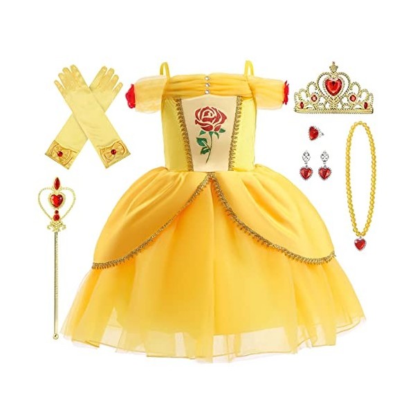 Kosplay Fille Robe de Princesse Belle avec Accessoires Déguisement La Belle et La Bête Costume Anniversaire Fête Halloween No