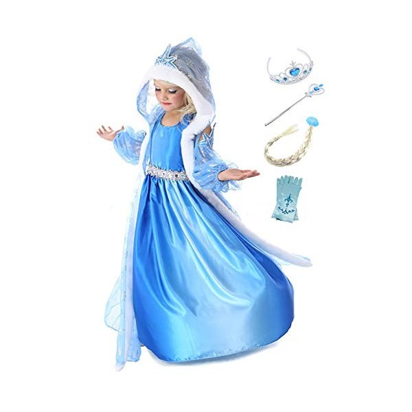 Eleasica Fille Manches Longues Déguisements Longue Cape Princesse Elsa Reine des Neiges Costume Accessoires Diadème Gants Bag