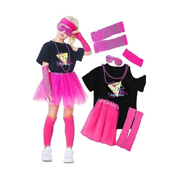 Firecos Déguisement Année 80 pour Enfants Fluorescent Costume Ensemble dAccessoires avec Néon Jupe Tutu Fluo Manches Courtes