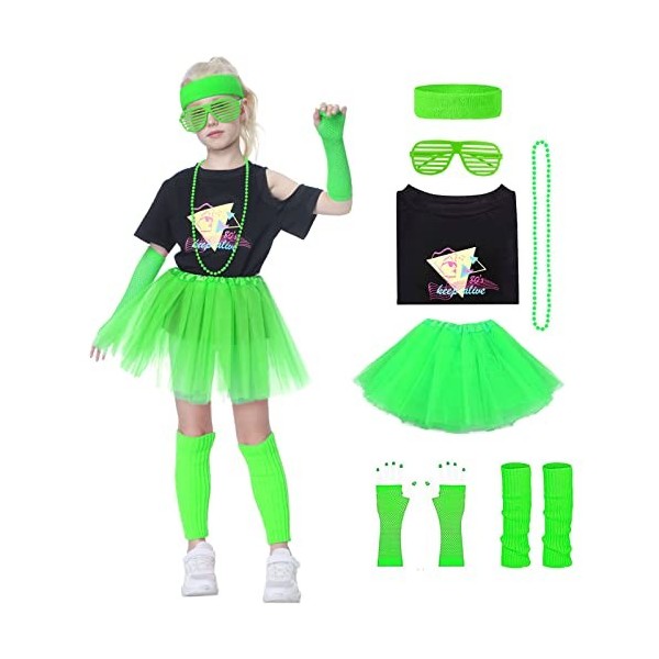 Firecos Déguisement Année 80 pour Enfants Fluorescent Costume Ensemble dAccessoires avec Néon Jupe Tutu Fluo Manches Courtes