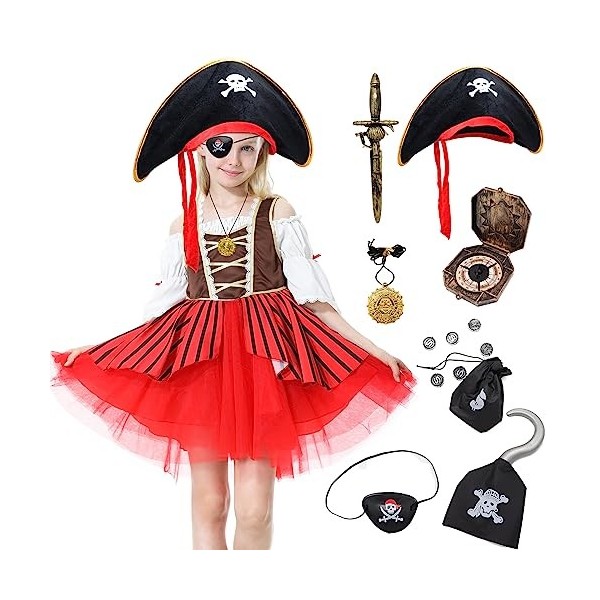 Waslary Costume de Pirate Enfants Filles avec Accessoires pour Halloween Carnaval Cosplay 146 