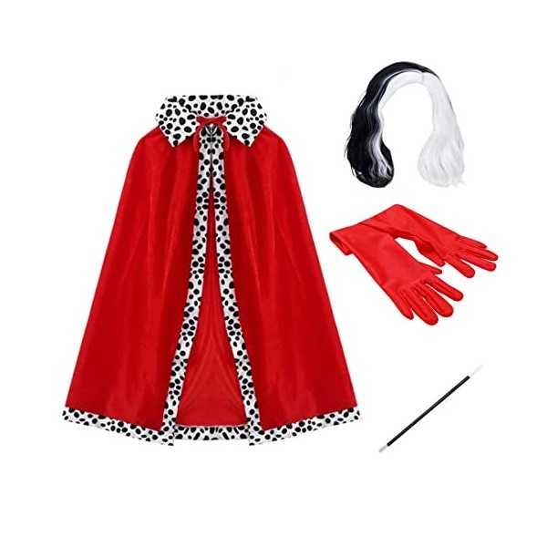 Deguisement Cruella d Enfer Femme Adulte Enfant Fille Perruque Cape Gants Accessoires 4Pcs 101 Dalmatien Dress up Halloween C