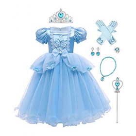 FYMNSI Fille Robe de Princesse Cendrillon Costume Enfants Manches Courtes Bouffante Dentelle Tutu Tulle Robe Longue Bleu Dégu