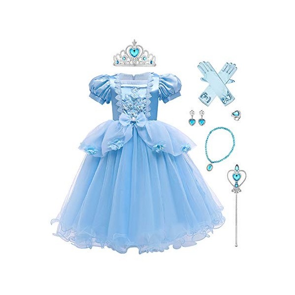 FYMNSI Fille Robe de Princesse Cendrillon Costume Enfants Manches Courtes Bouffante Dentelle Tutu Tulle Robe Longue Bleu Dégu
