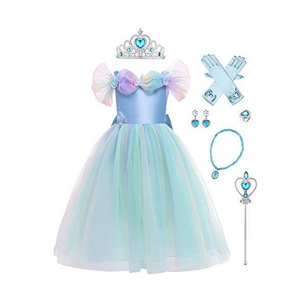 FYMNSI Fille Robe de Princesse Cendrillon Costume Enfants Manches Courtes Bouffante Dentelle Tutu Tulle Robe Longue Bleu Dégu