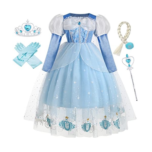 IWFREE Elsa Déguisement Fille la Reine des Neiges Costume Robe de Princesse et Accessoires Cosplay Cendrillon Tulle Robe de S