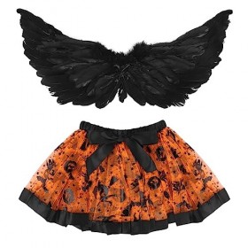 Qchomee Enfant Halloween Costume Ensemble Ailes dange en Plumes Noir et Jupe Tutu en Maille Coloré Déguisement de laile du 