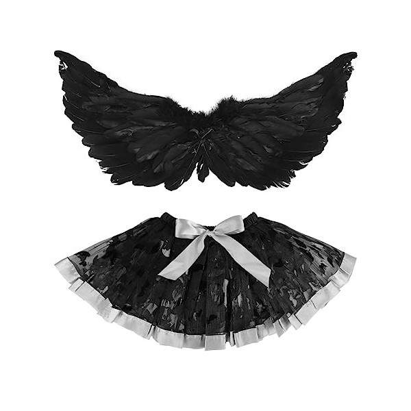 Qchomee Enfant Halloween Costume Ensemble Ailes dange en Plumes Noir et Jupe Tutu en Maille Coloré Déguisement de laile du 