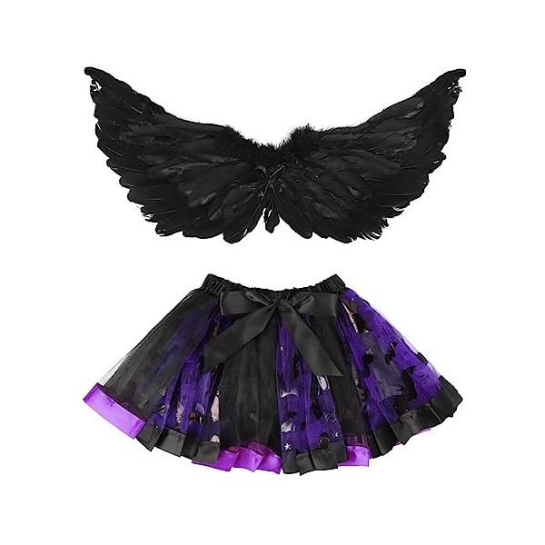 Qchomee Enfant Halloween Costume Ensemble Ailes dange en Plumes Noir et Jupe Tutu en Maille Coloré Déguisement de laile du 