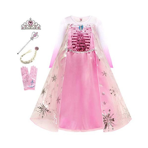 Eleasica Petites Filles Robe Longue Déguisements Manches Longues Princesse Elsa Reine des Neiges Costume et Accessoires Diadè