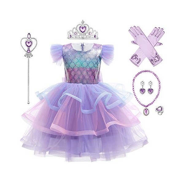 IWEMEK Filles Petite Sirène Ariel Costume Conte De Poisson Princesse Robe avec Accessoires Enfants Contes de Fées Halloween C