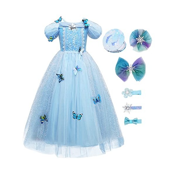 Monissy Déguisement de Princesse Cendrillon Tulle Manches Courtes Reine des Neiges Princesse Elsa Robe Longue Tulle Papillons