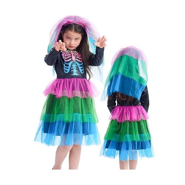 IKALI Filles Vêtements à ossature daraignée Luxueux La veille dHalloween Arc - en - ciel Os Robe de fantaisie Costume de so