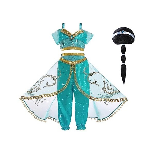 ACWOO Deguisement de Princesse Jasmine pour Enfants Filles, Costume de Princesse Jasmine avec Accessoires de Perruque, Filles