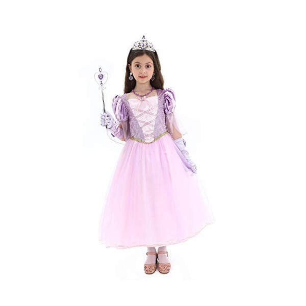 Sincere Party Déguisement de princesse Raiponce pour filles, Déguisement de jeu de rôle Raiponce avec accessoires 7-8 ans