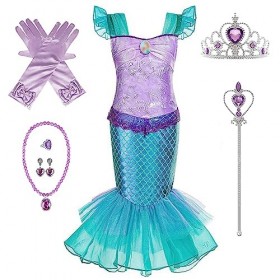 Kosplay Fille Robe de Princesse Ariel et Accessoires Déguisement de Princesse Sirène Costume Anniversaire Fête Halloween Noël