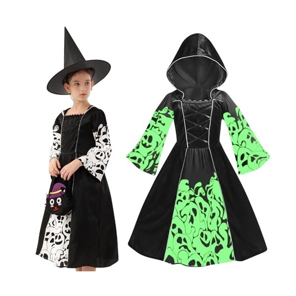 Herenear Deguisement Sorciere Fille, Costume Halloween Enfant, Déguisement Hallowen Sorcière avec Chapeau Sorciere, Enfant Dé