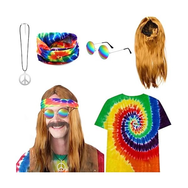 CHMMY Deguisement Hippie Costume Hippie Femme Homme Annee 70 avec T Shirt Perruque Bandeau Lunettes de Soleil Collier, Access