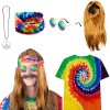 CHMMY Deguisement Hippie Costume Hippie Femme Homme Annee 70 avec T Shirt Perruque Bandeau Lunettes de Soleil Collier, Access