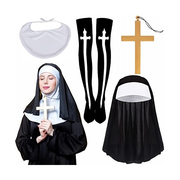 Ailesiy Ensemble de 4 costumes de nonne,Collier avec pendentif en forme de croix,Chaussettes hautes pour Halloween, cosplay, 