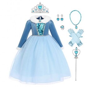 IWEMEK Déguisement Reine des Neige Robe Princesse Anna Elsa Costume Frozen avec Accessoires Enfant Fille Anniversaire Noël Ha