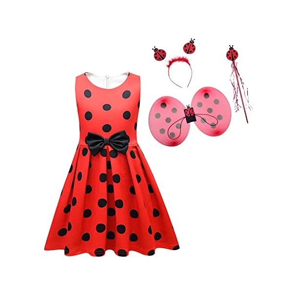 Lito Angels Deguisement Ladybug Coccinelle avec Ailes et Accessoires Enfant Fille, Robe à Pois Rouge et Noir Anniversaire Fet