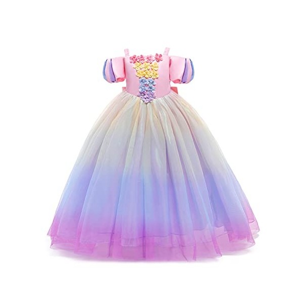 IMEKIS Enfant Fille Cendrillon Sofia Costume Princesse Halloween Noël Carnaval Cosplay Déguisement Fleur Aurora Robe avec Fée