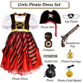 Latocos Costume de Pirate Déguisement Pirate Fille avec Accessoires Pirates Robe de Style Cour Boussole Pirate Chapeau Portef