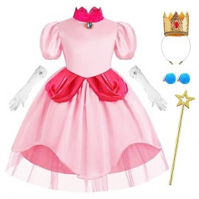 Tyidalin Peach Princesse Déguisement Robe pour Enfant Filles Super Costume Rose Mario avec Accessoires pour Halloween Carnava