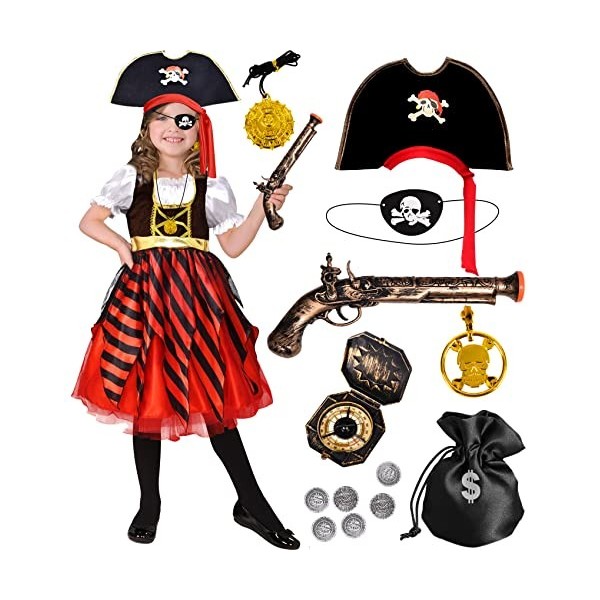 Latocos Costume de Pirate Déguisement Pirate Fille avec Accessoires Pirates Robe de Style Cour Boussole Pirate Chapeau Portef