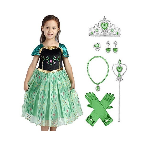 IWEMEK Filles Déguisements Princesse Anna Robe + Accessoires Reine des Neige 2 Costume de Carnaval Halloween Noël Robes de fê