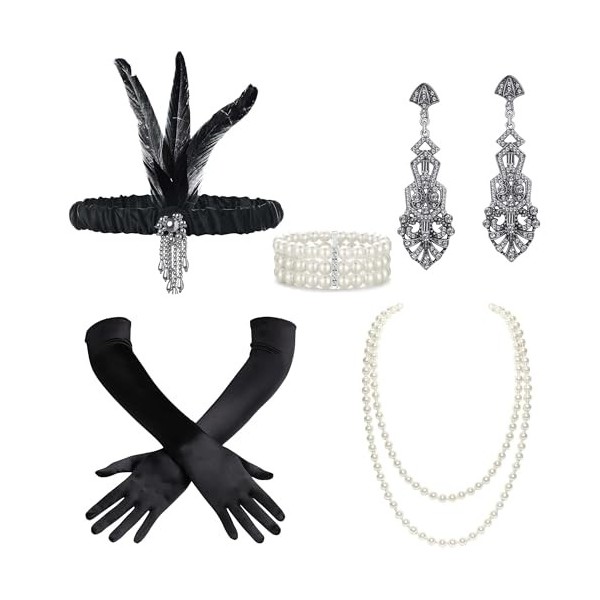 BABEYOND Accessoire Gastby des Années 1920 Costume Flapper Accessoire pour Femme y Compris Bandeau Collier Gants