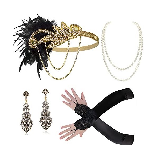 BABEYOND Accessoire Gastby des Années 1920 Costume Flapper Accessoire pour Femme y Compris Bandeau Collier Gants