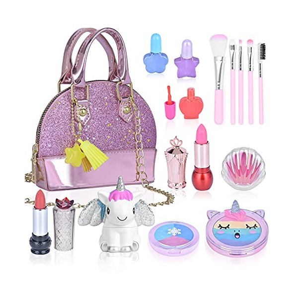 Jouets Fille 4-12 Ans, Maquillage Enfant Jouet Fille, Kit de Maquillage Lavable et Sac à Main Fille, Cadeau Princesse Jeux, F