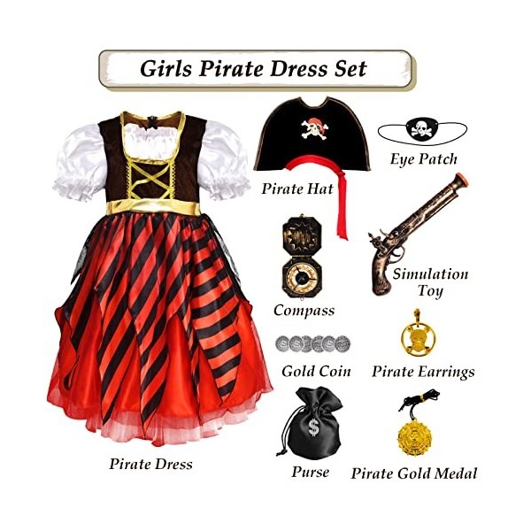 Latocos Costume de Pirate Déguisement Pirate Fille avec Accessoires Pirates Robe de Style Cour Boussole Pirate Chapeau Portef