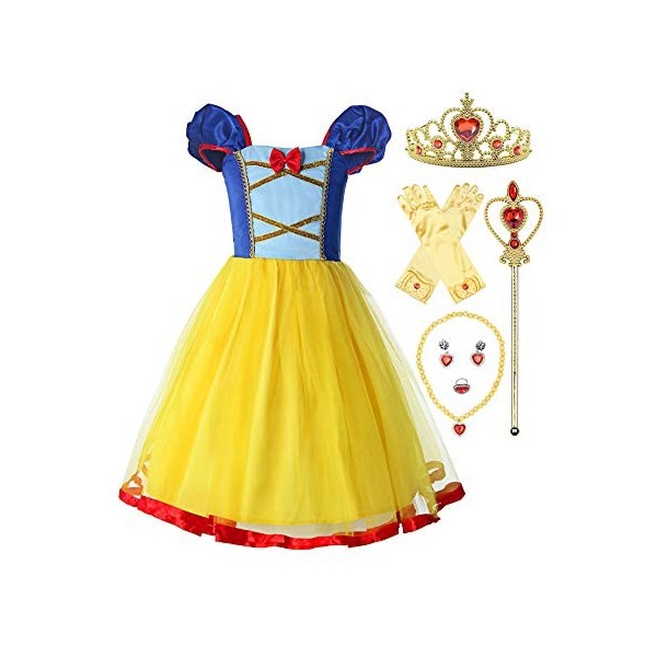 ReliBeauty Petites Filles Robe de Princesse Manches Juliettes Costume Jaune avec Accessoires,6-7 ans/120