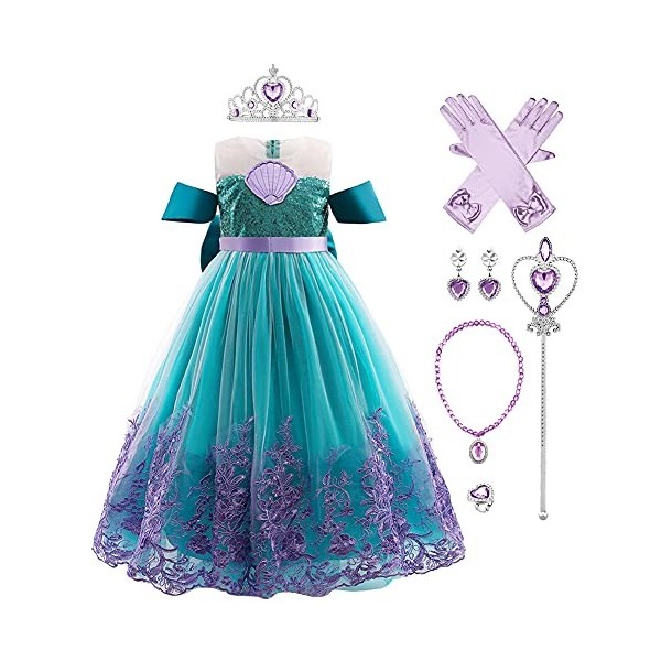 Deguisement Robe Princesse Ariel Costume de Sirène pour Enfant Fille, Robe Ariel la petite sirene avec Accessoires, Enfants C