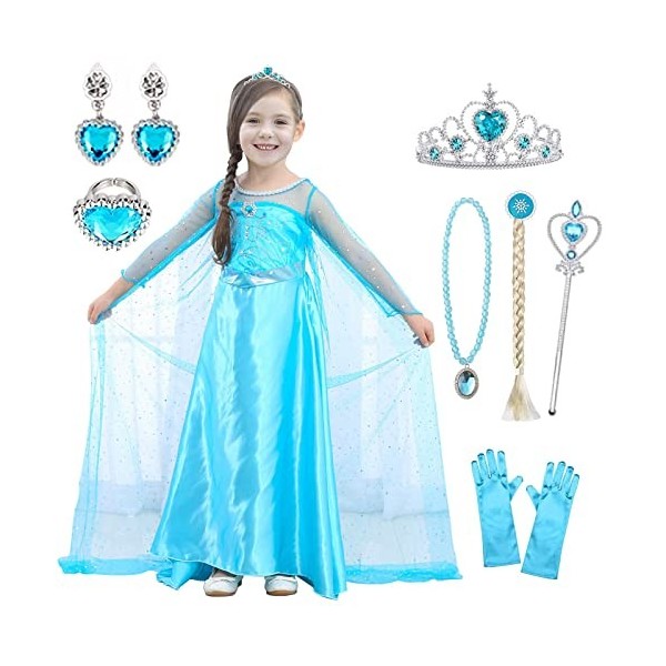 ATOWORLD Déguisement Elsa pour filles de 5 à 6 ans, costume de princesse Elsa pour filles, déguisement de princesse Elsa pour