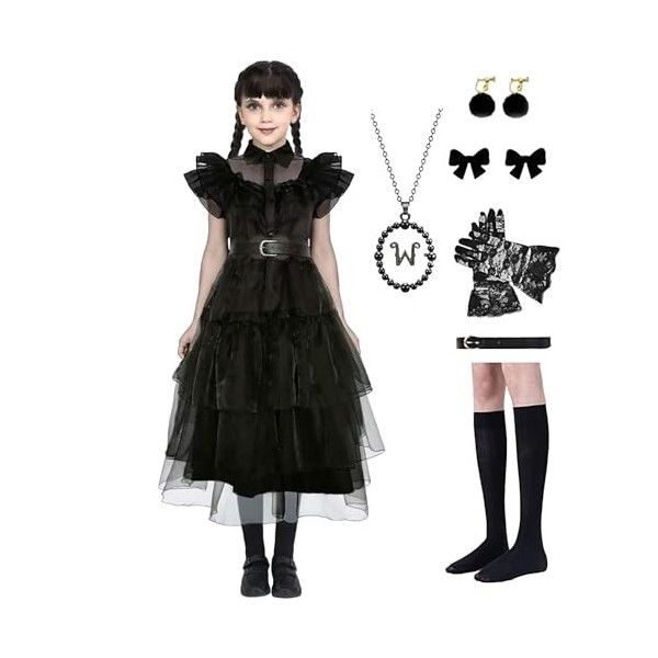 Deguisement Mercredi Addams Enfant, Robe Mercredi Fille Costume de  Wednesdays Addams Dress Avec Accessoires Carnaval Cosplay
