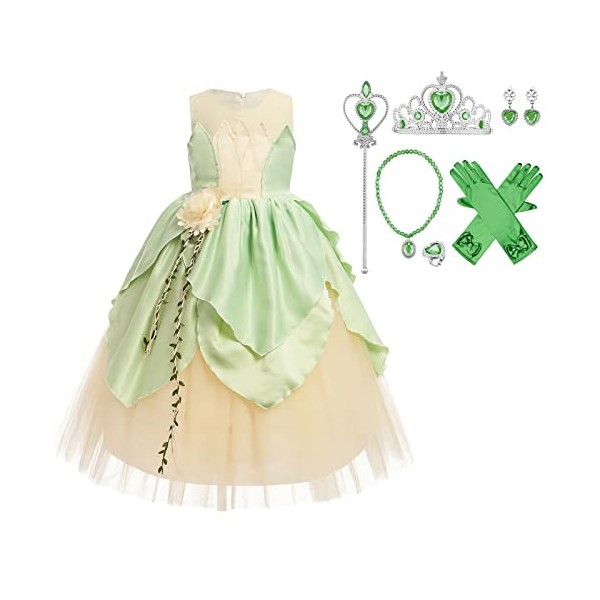 IMEKIS Robe Tiana pour Filles Déguisement Princesse Grenouille Fantaisie Halloween Carnaval Cosplay Shabiller avec Accessoir