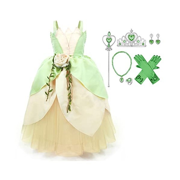 IMEKIS Robe Tiana pour Filles Déguisement Princesse Grenouille Fantaisie Halloween Carnaval Cosplay Shabiller avec Accessoir