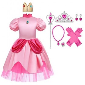 IWEMEK Filles Peach Costume Manches Bouffantes Genou Longue Princesse Robe avec Couronne Gants Accessoires Halloween Carnaval