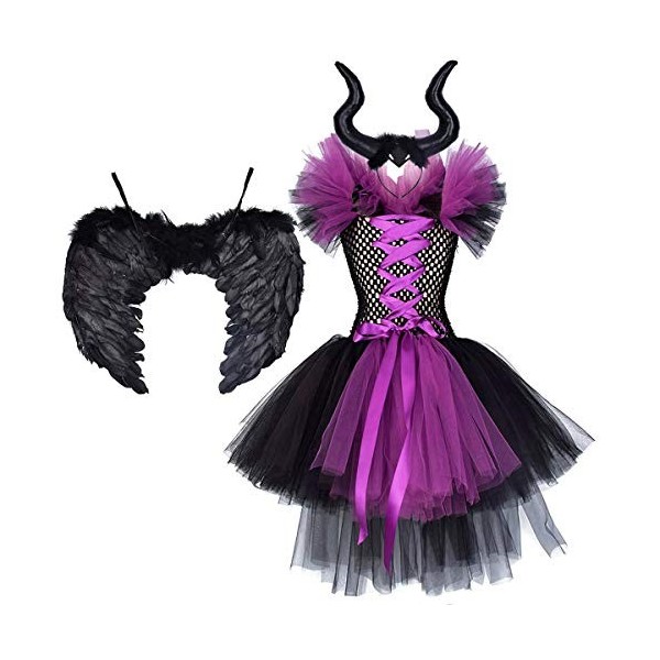 Enfants Filles Maleficent Costume Maléfique Sorcière Méchante Reine Déguisement Fantaisie Tutu Habiller Halloween Cosplay Ten