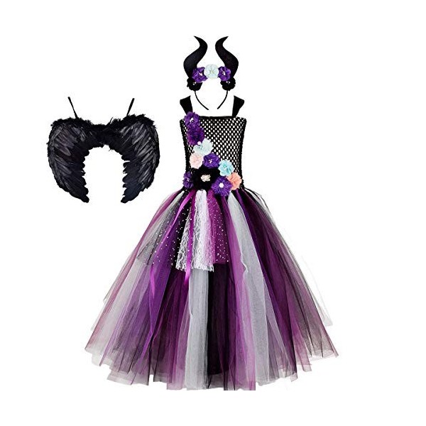 Enfants Filles Maleficent Costume Maléfique Sorcière Méchante Reine Déguisement Fantaisie Tutu Habiller Halloween Cosplay Ten