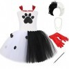 IWEMEK Déguisement Cruella Enfant Fille 101 Dalmatien Costume sans manches tricoté Tutu robe avec perruque gants accessoires 