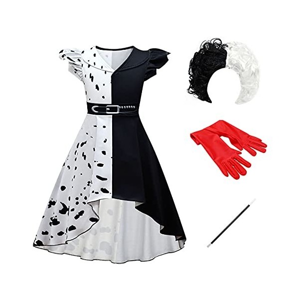 IMEKIS Déguisement Cruella Fille Reine du Mal Robe Dalmate Robe Noire Blanc Avec des Gants Perruque Porte Personnage de Film 