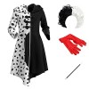 IMEKIS Déguisement Cruella Fille Reine du Mal Robe Dalmate Robe Noire Blanc Avec des Gants Perruque Porte Personnage de Film 