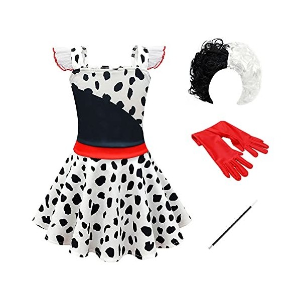 IMEKIS Déguisement Cruella Fille Reine du Mal Robe Dalmate Robe Noire Blanc Avec des Gants Perruque Porte Personnage de Film 